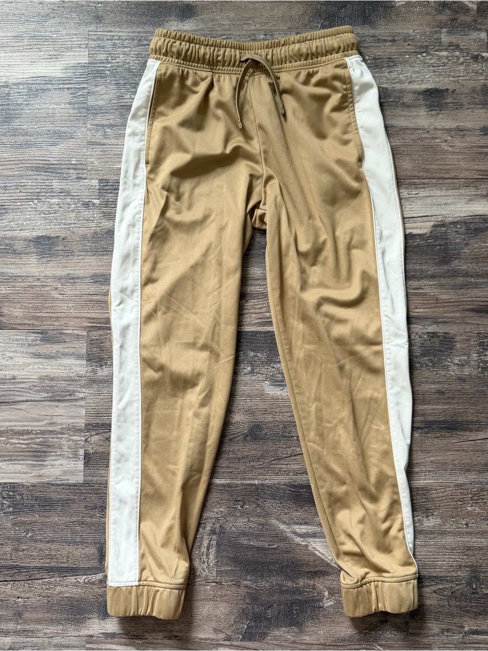 Athletic Works tan with white side stripe jogger track pants boys L 10-12
